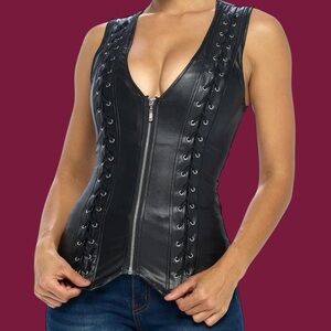 OHYES FASHION BLACK LACE UP DETAIL ZIP UP SLEEVELESS TOP